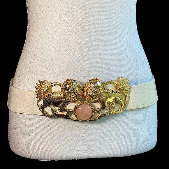 Vintage 1980’s Judith Lieber Foo Dogs Python & Gemstone Belt. (mc) Judith Leiber Gold Fu Foo Dog Ming purse Dragon Garnet  main image 3